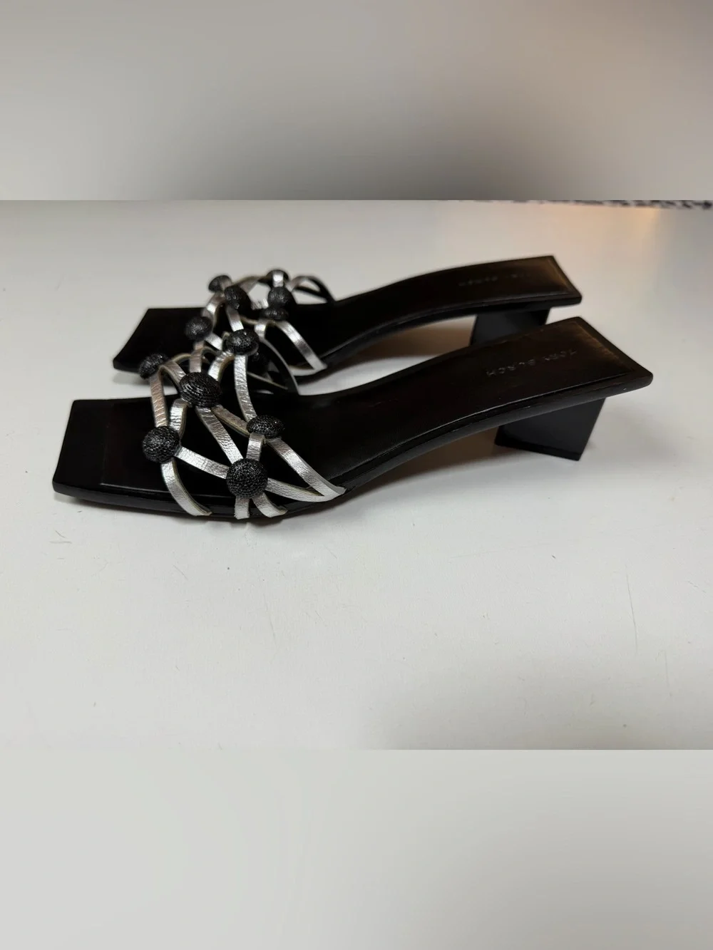 Tory Burch Black Crystal Bobble Silver Metallic Leather Square Toe Low Heels 8.5